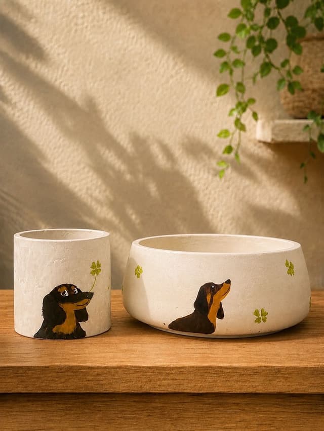 Custom pet portrait painted planters with dachshund and shamrocks